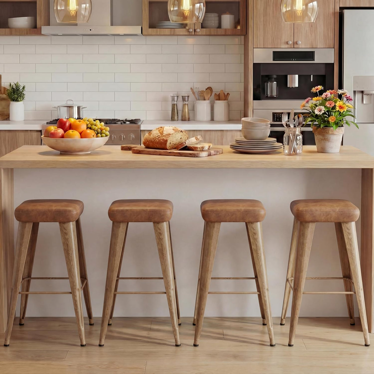 Backless Bar Stools Set of 4, 26" Walnut Brown Metal Barstools