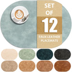 Oval Placemats Set of 12, Wipeable Faux Leather, Light Blue