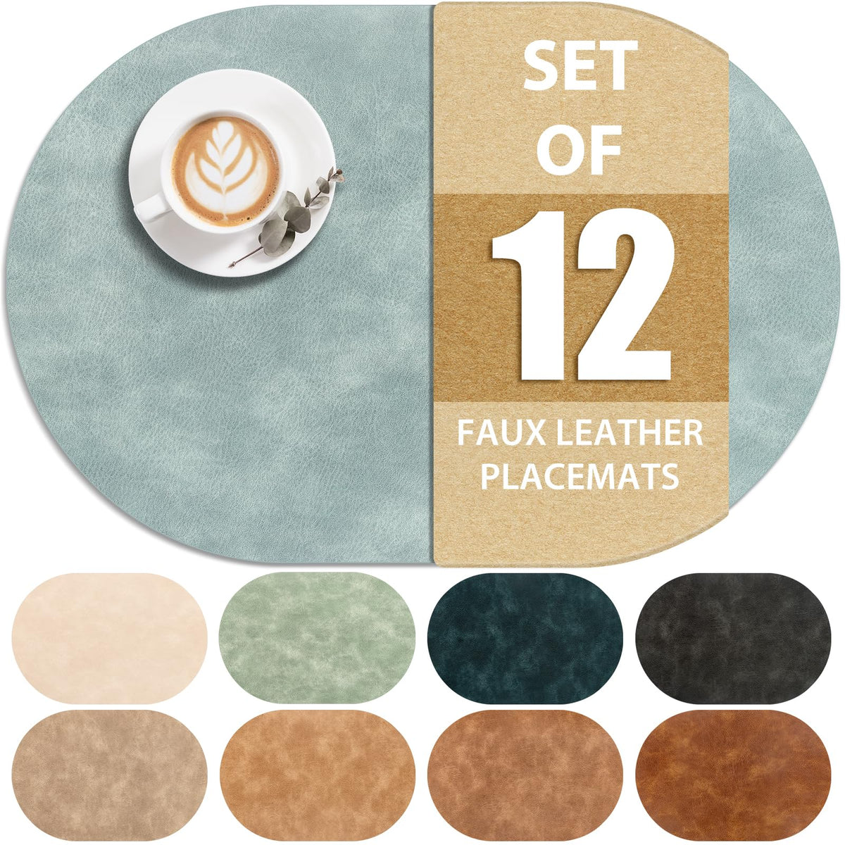 Oval Placemats Set of 12, Wipeable Faux Leather, Light Blue