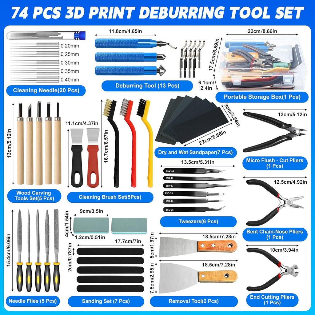 74 Pcs 3D Printer Tool Kit with Deburring Tool for FDM/SLA Printers | 3D Printer Accessories Includes 2 Countersink