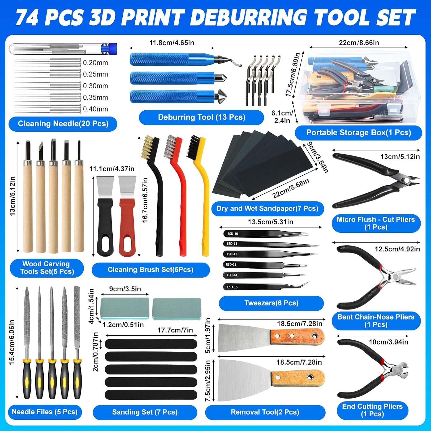 74 Pcs 3D Printer Tool Kit with Deburring Tool for FDM/SLA Printers | 3D Printer Accessories Includes 2 Countersink