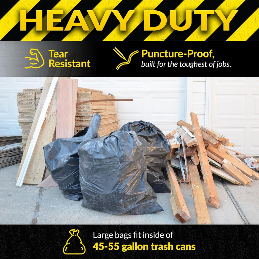 Contractor Garbage Bags 55 Gallon | 20 Trash Bags | Heavy Duty | Black Contractor