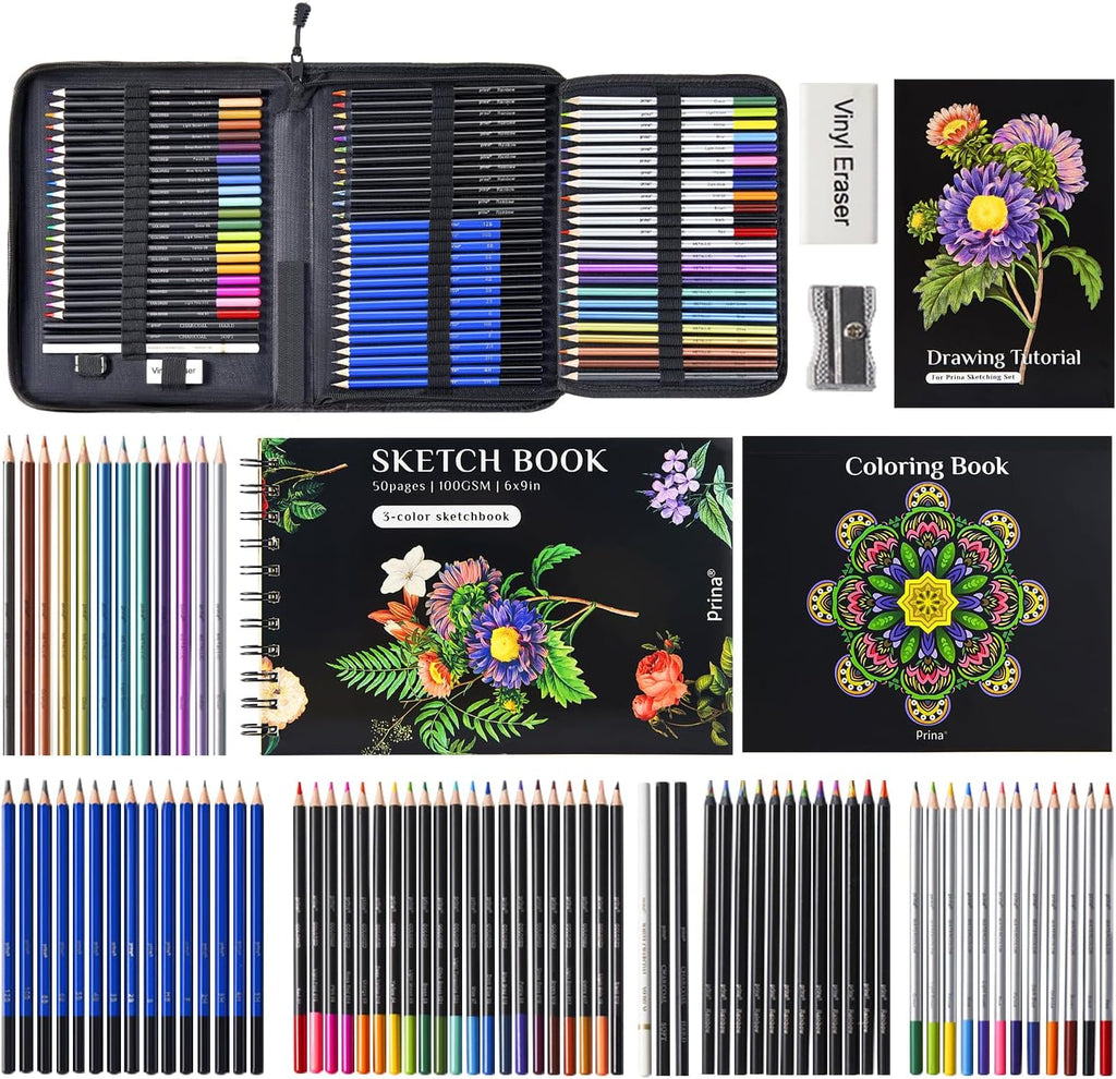 81 Drawing Set Sketching Kit, Pro Sketch Pencils Art Supplies with Rainbow, Colored, Graphite, Watercolor, Metallic