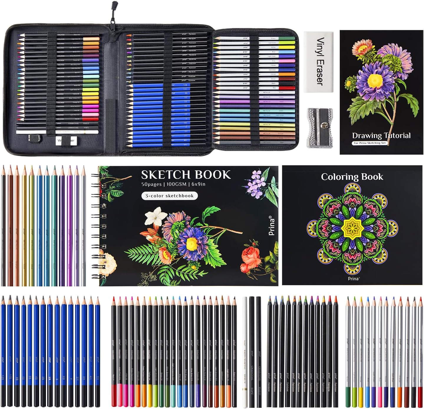 81 Drawing Set Sketching Kit, Pro Sketch Pencils Art Supplies with Rainbow, Colored, Graphite, Watercolor, Metallic
