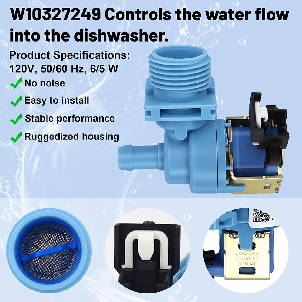 W10327249 Dishwasher Water Inlet Valve Replacement Compatible with Whirl-pool May-tag Ken-more Am-ana Kitch-ena-id Replaces W10327250 W11175771 AP6339872 PS12578165 W10872255 W10195047