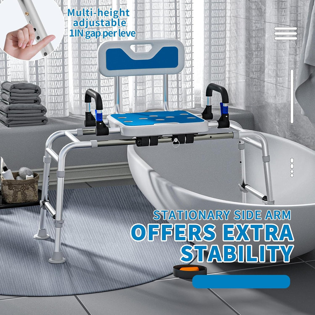 Sliding Shower Chair with Arms and Back, 500lbs Tub Transfer Benches with Non Slip Aluminum Body and Suction Cups