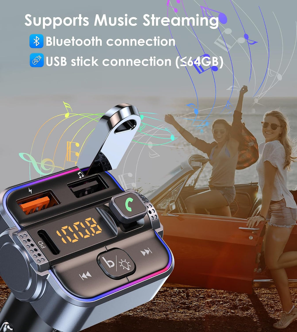 Bluetooth FM Transmitter for Car PD 30W & QC3.0 Fast Charging | Dual Mics Hands-Free Calling, Bluetooth Car Radio