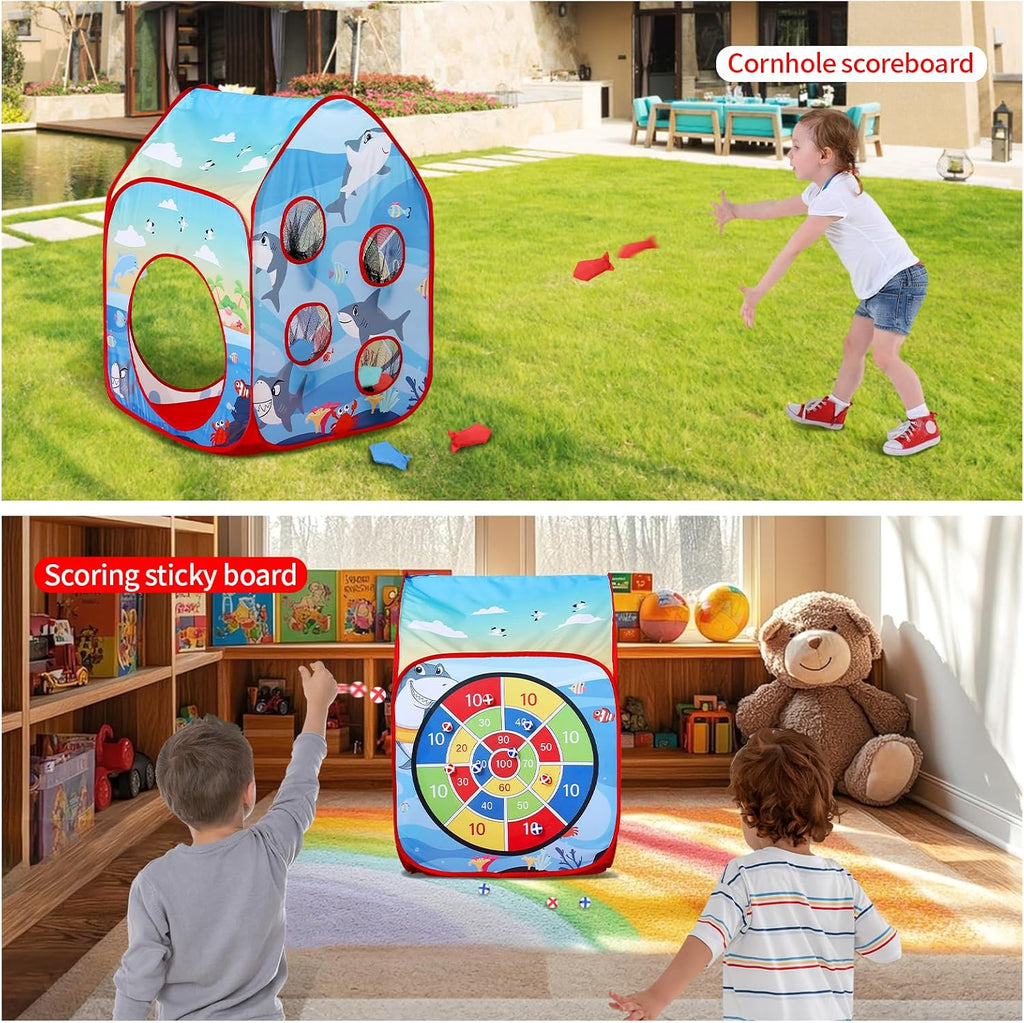 Shark Kid Play Tent Pop up Tent Play Tunnel Indoor and Outdoor Playhouse for Kid Beanbag Toss Game for Team
