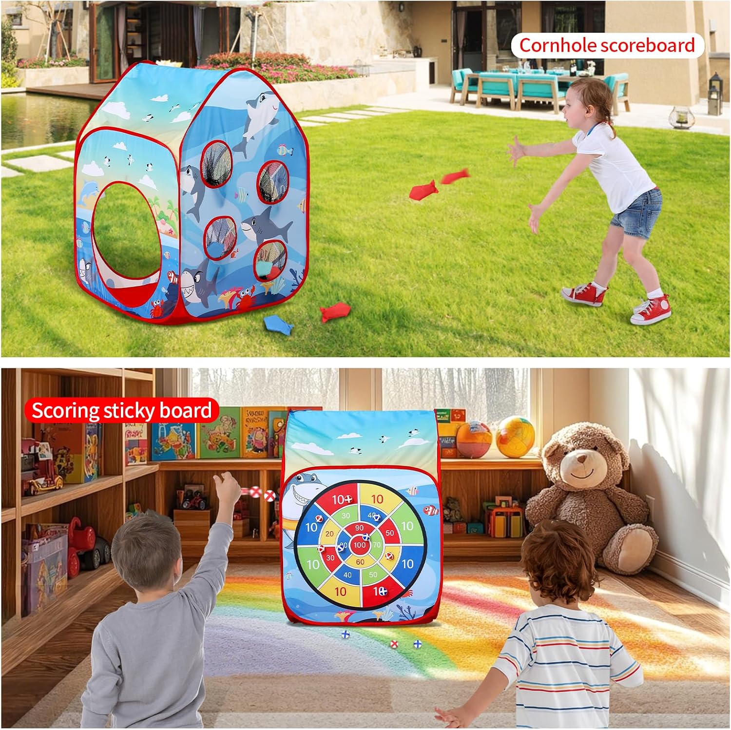 Shark Kid Play Tent Pop up Tent Play Tunnel Indoor and Outdoor Playhouse for Kid Beanbag Toss Game for Team