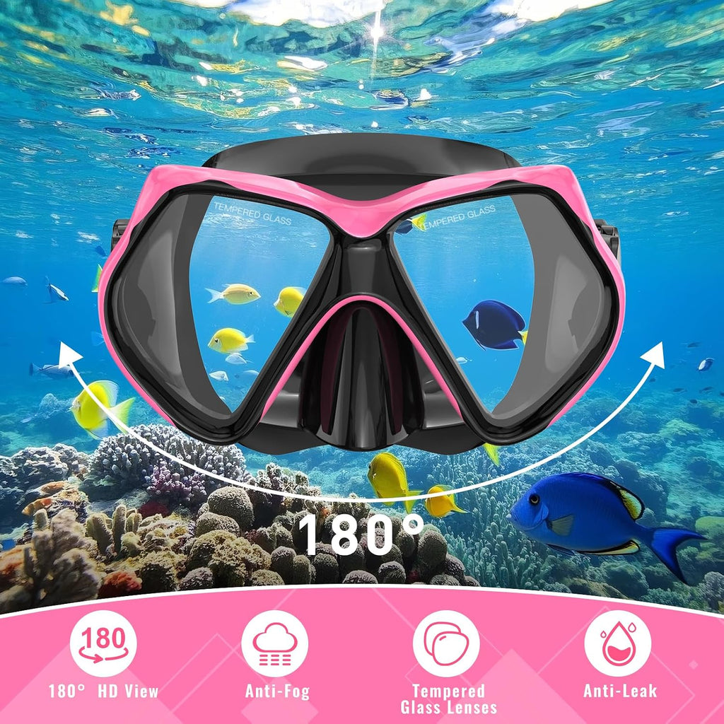 Snorkeling Gear for Adults, Snorkel Set Scuba Diving mask Dry-Top, Adult Swimming Goggles w/Nose Cover, HD Tempered