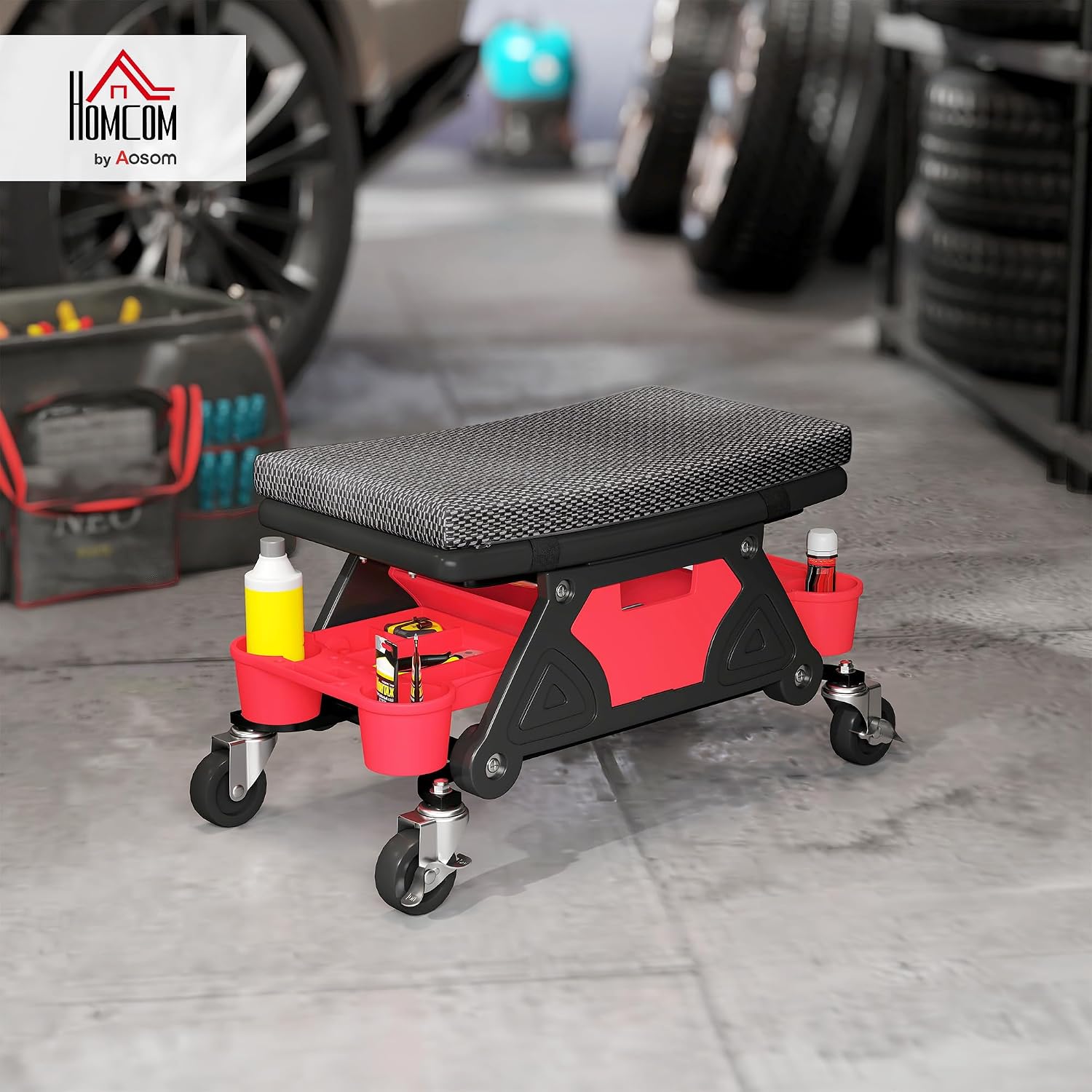 Rolling Mechanic Stool, 135kg Capacity, Padded Creeper Seat, Black