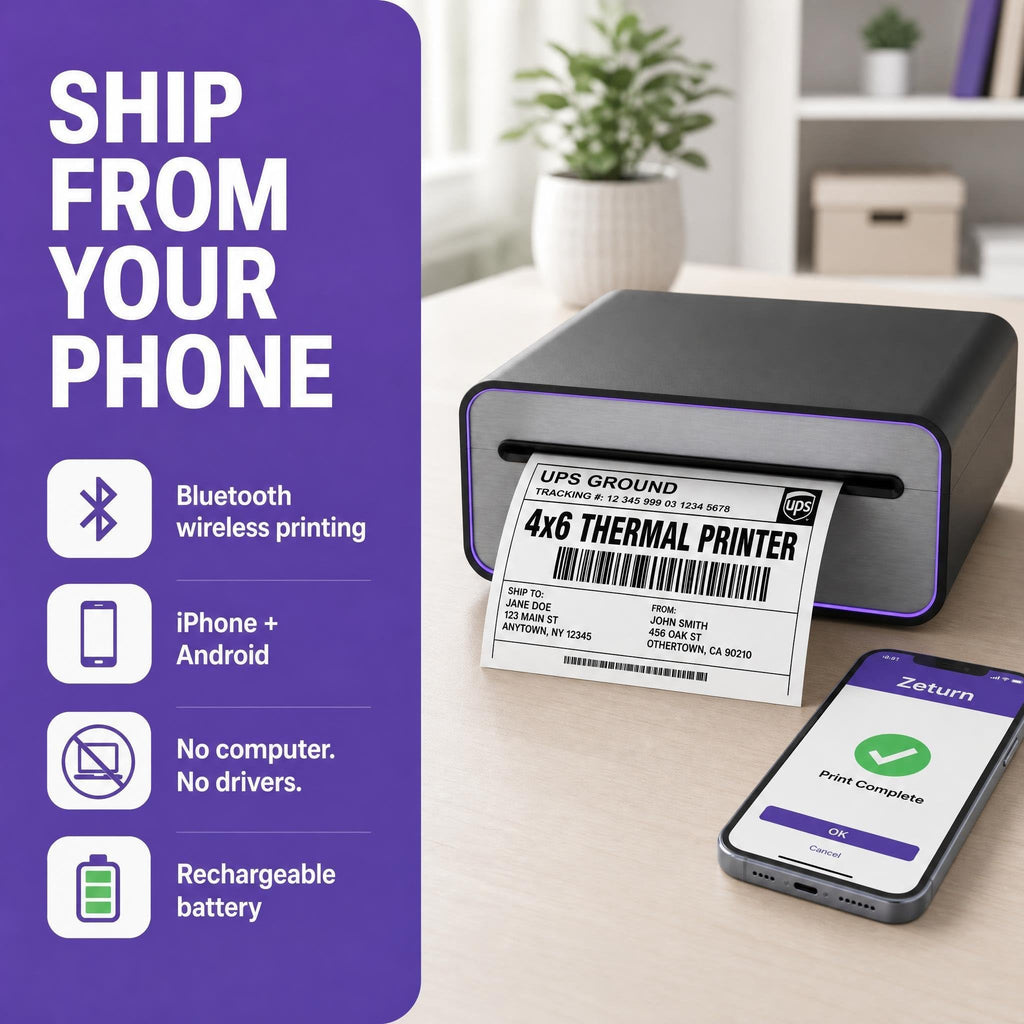 4x6 Thermal Label Printer - Bluetooth, Wireless, 2 Extra Label Rolls