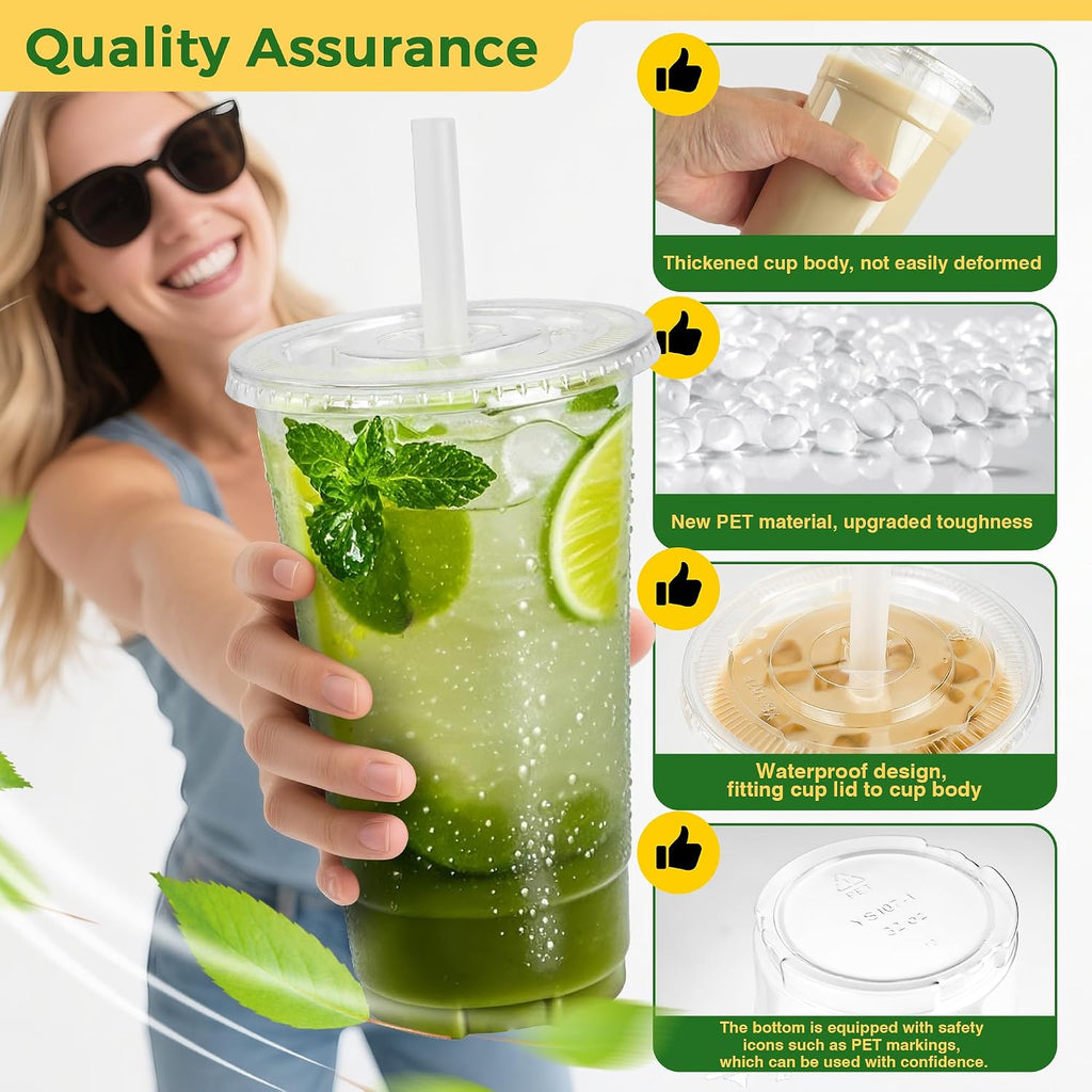 32 oz Clear Plastic Cups with Lids and Jumbo Boba Straws