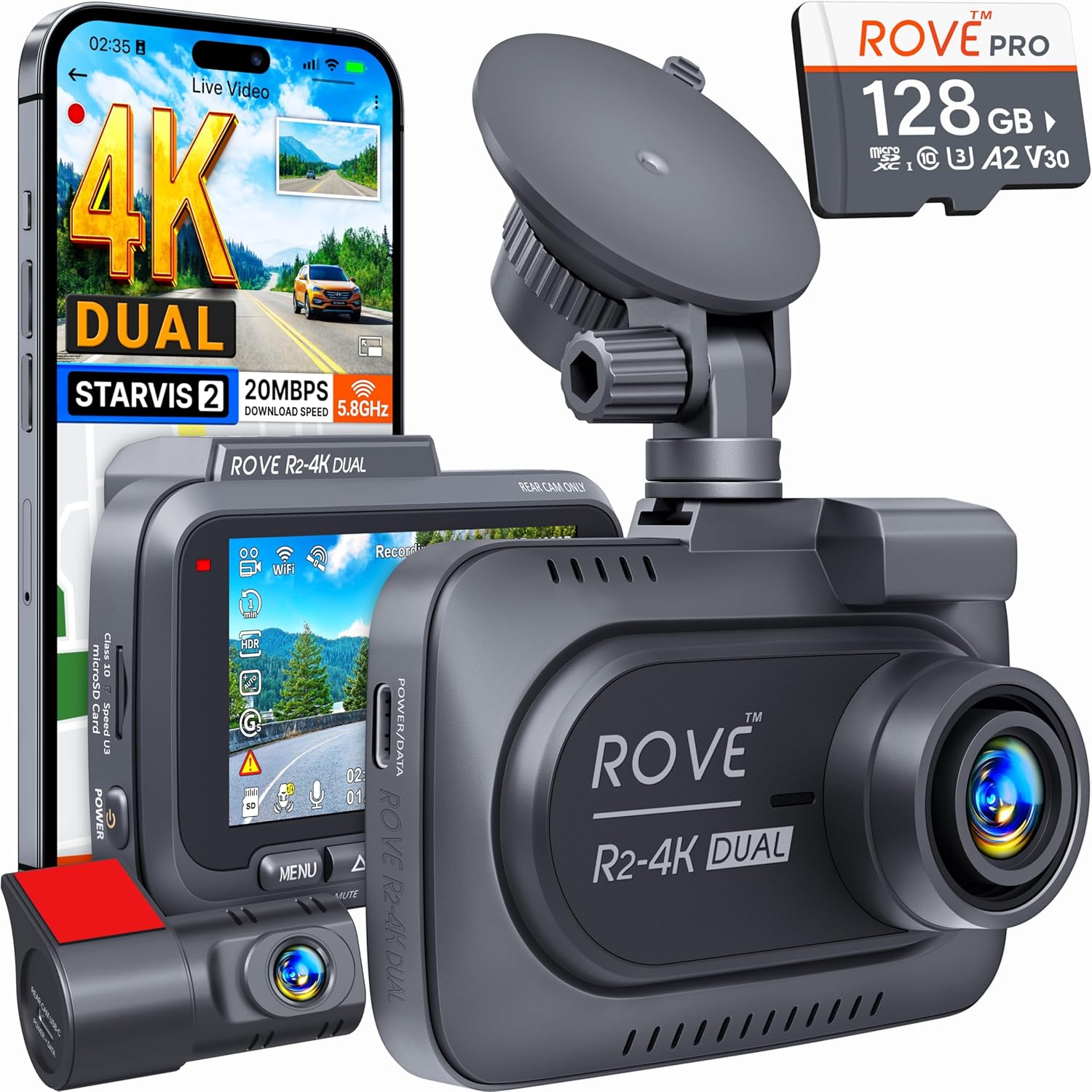 R2-4K DUAL Dash Cam Front and Rear, STARVIS 2 Sensor, FREE 128GB Card Included, 5G WiFi - up to 20MB/s Fastest