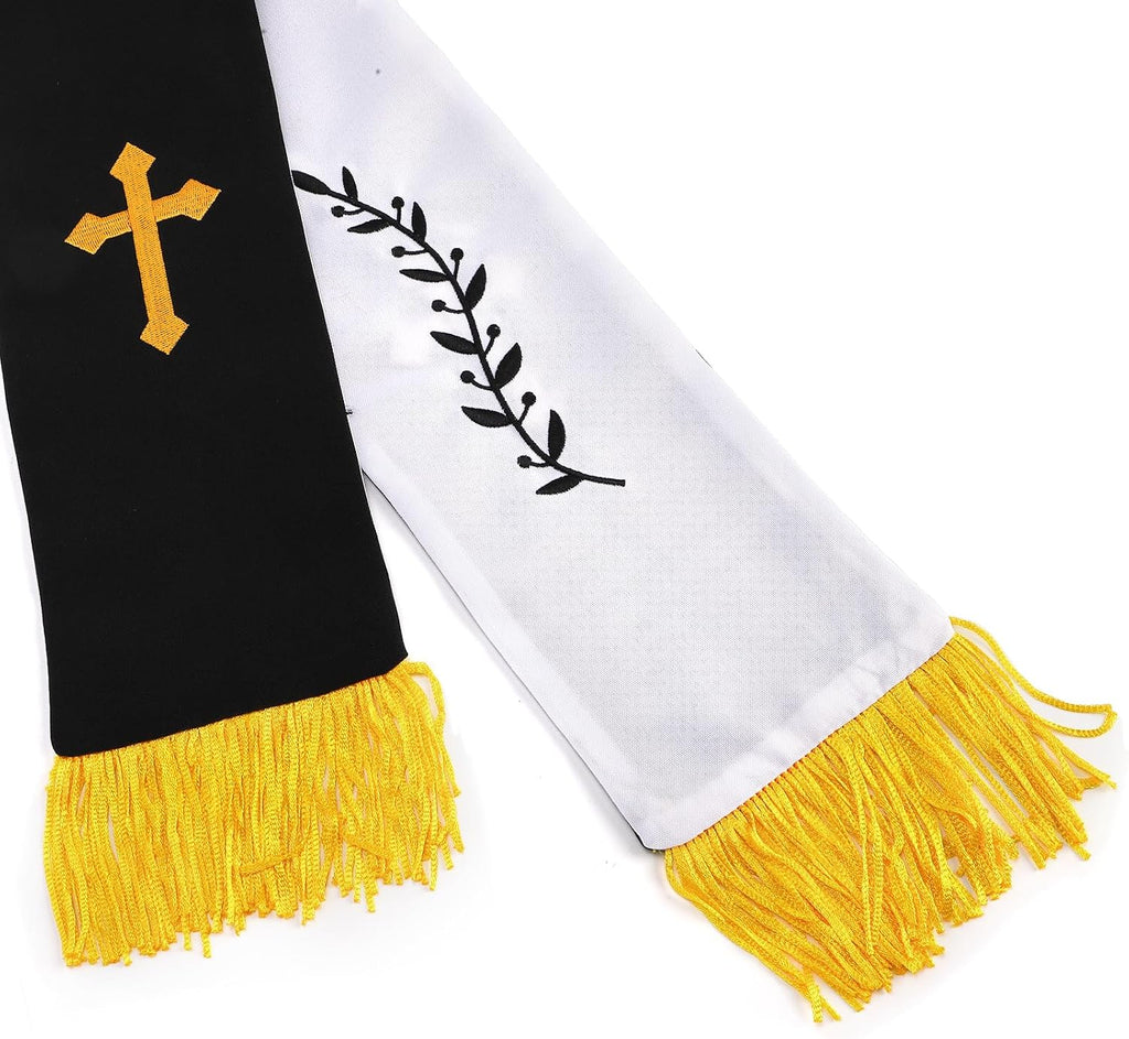 1 Pack Wedding Reversible Stole with Tassels, 75 Inch Clergy Mass Stoles with Cross, White Embroidered Priest Sash