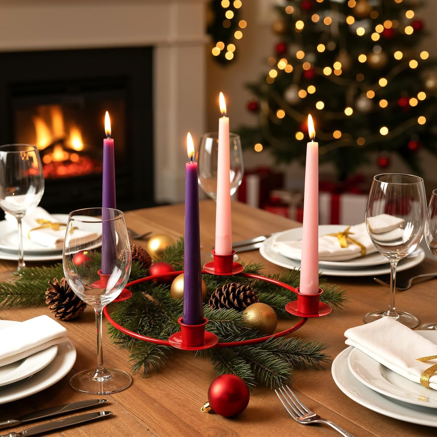 Christmas Advent Candle Holder 4 Candles Stand, Red, 2 Pcs
