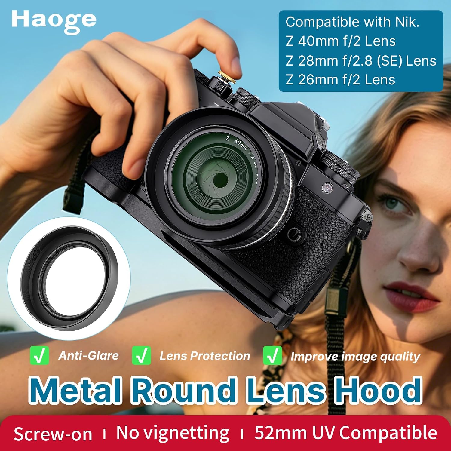 Metal Lens Hood for Nikon NIKKOR Z 40mm f/2, Z 28mm f/2.8, Z 28mm f/2.8 (SE) Lens,Screw Hood, Compatible with 52mm UV