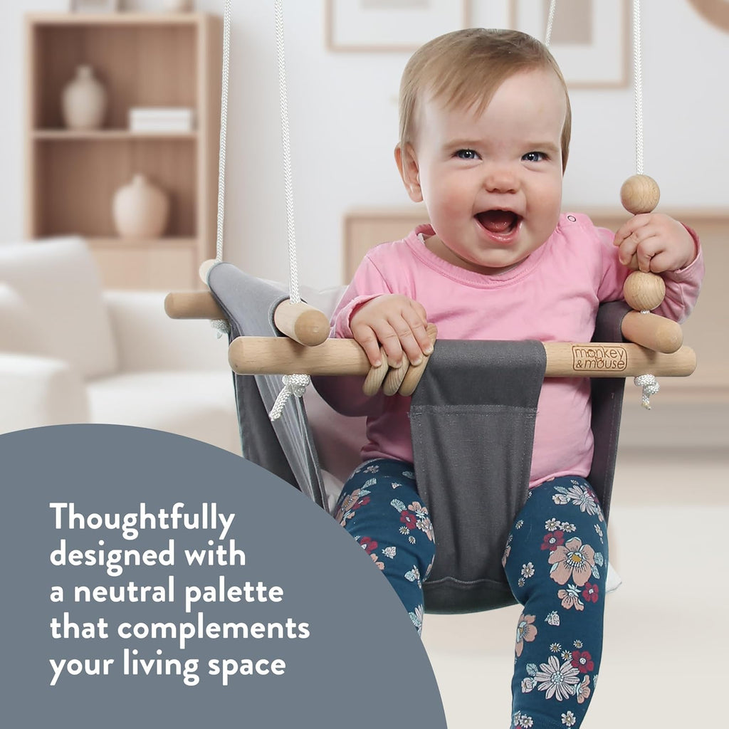 Baby Swing, Grey White Indoor Outdoor Portable Hanging Chair - Infant & Toddler Kids 6 Months - 4 Years, Cotton