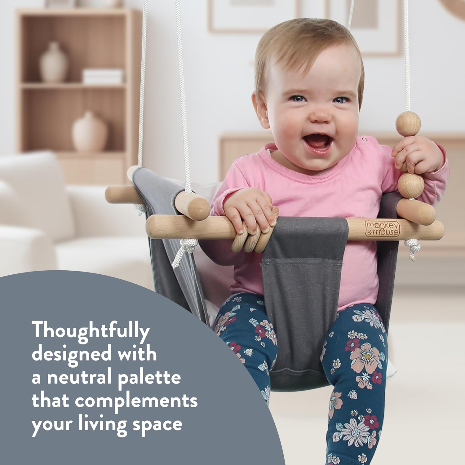 Baby Swing, Grey White Indoor Outdoor Portable Hanging Chair - Infant & Toddler Kids 6 Months - 4 Years, Cotton