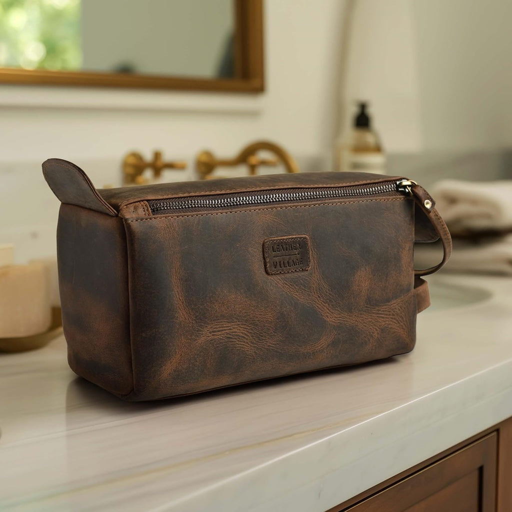 Genuine Leather Travel Toiletry Bag - Water-Resistant Dopp Kit for Toiletries, Large Shaving Bag & Bathroom Organizer