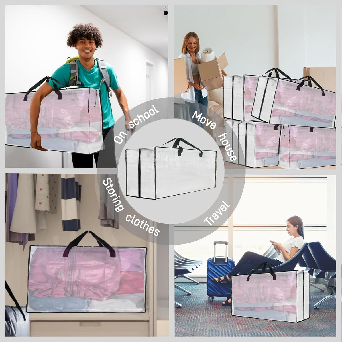 3 Pack Heavy Duty Moving Bags, Extra Large Clear Storage Bags with Zipper and Handles, Moving Boxes & Storage Bins
