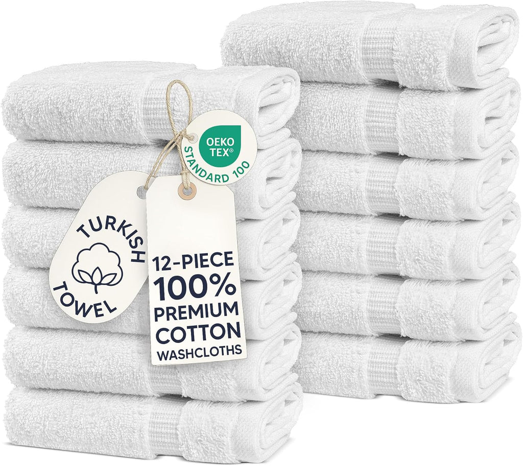 Hotel & Spa Quality 100% Cotton Premium Turkish Towels | Soft & Absorbent (12-Piece Washcloths, White)
