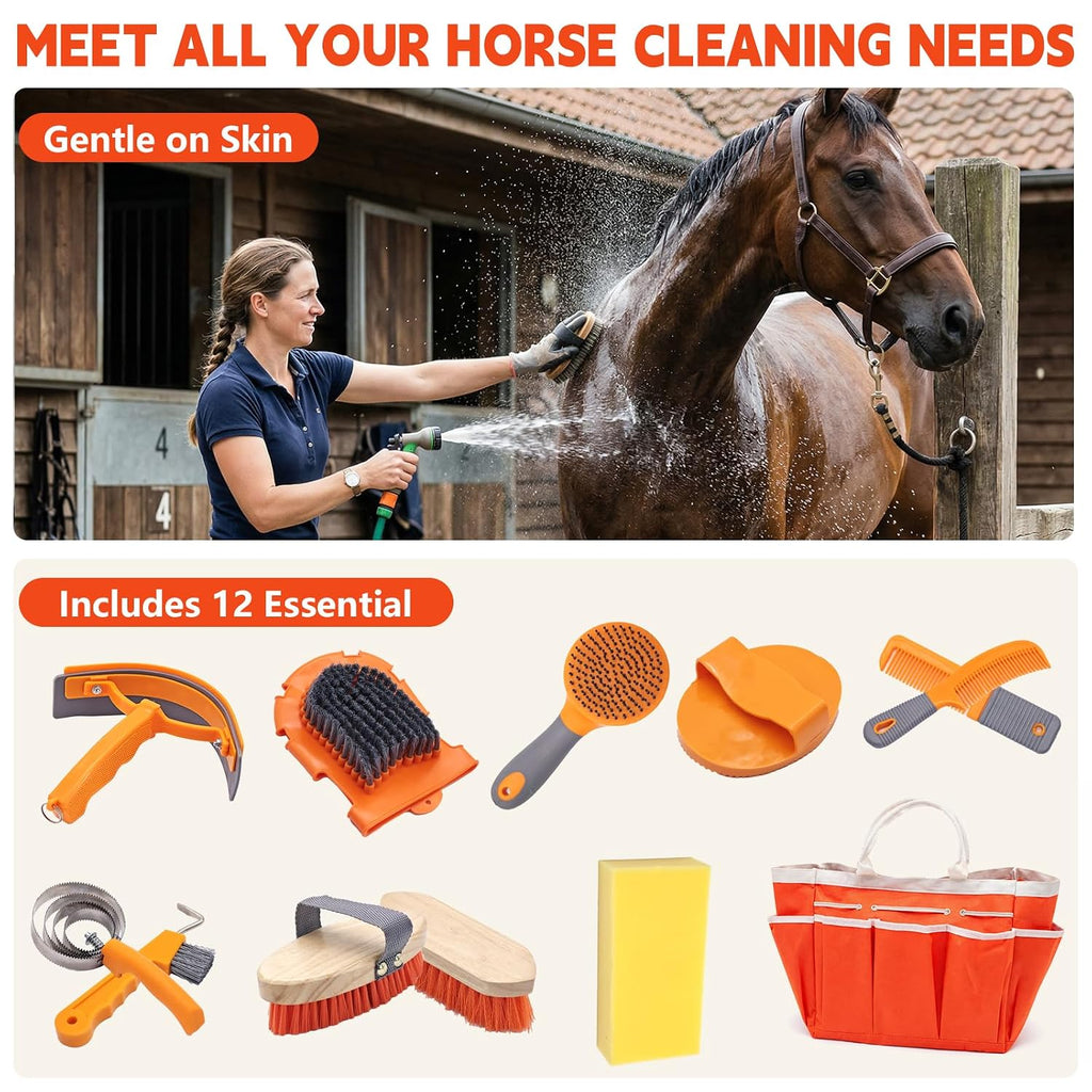 Horse Grooming Kit, 12-Piece Horse Brush Set with Storage Tote, Orange