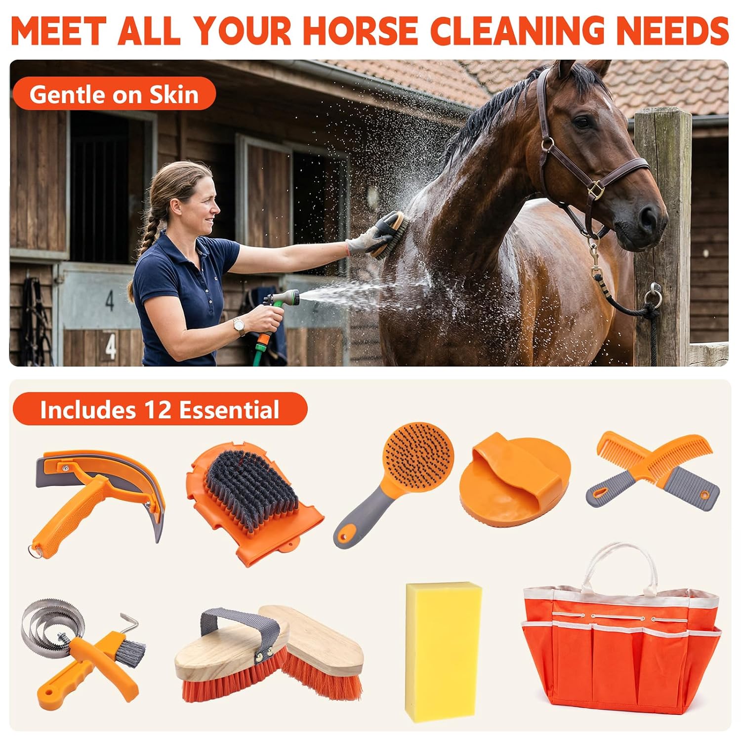 Horse Grooming Kit, 12-Piece Horse Brush Set with Storage Tote, Orange