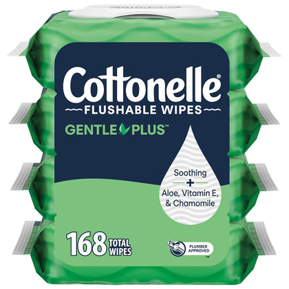 GentlePlus Flushable Wet Wipes with Aloe & Vitamin E, 4 Flip-Top Packs, 42 Wipes Per Pack (168 Total Wipes)