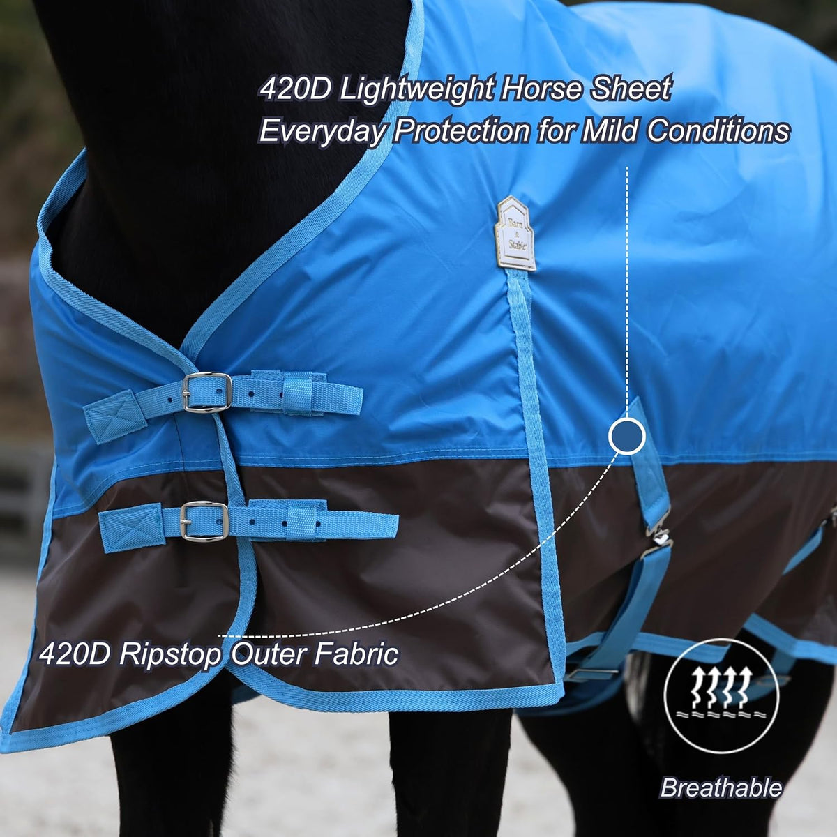 420D Ripstop Lightweight Horse Turnout Sheet, No Fill, Water-Resistant & Breathable Horse Blanket for Spring and Mild