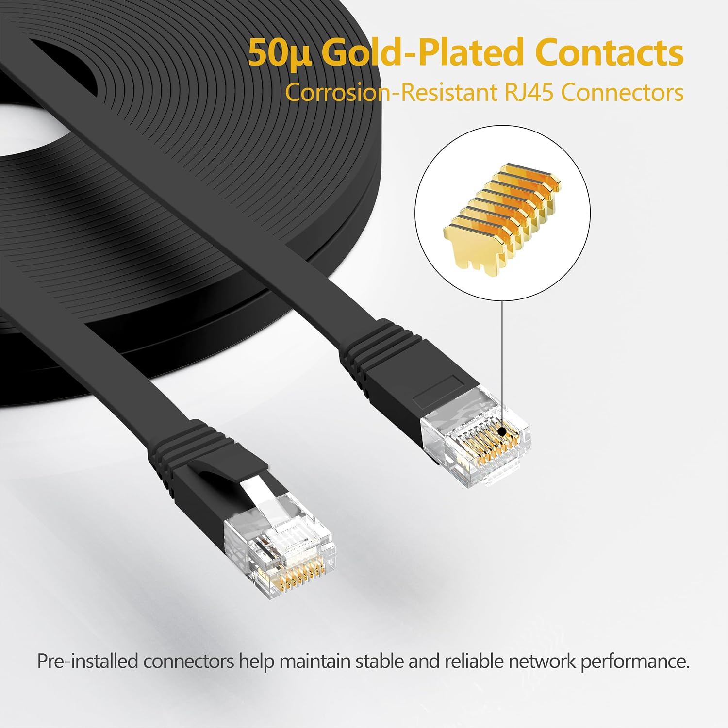 Cat6/Cat6A Ethernet Cable 50FT Flat with Clips 10Gbps Network, Black | 1FT 3FT 5FT 10FT 15FT 20FT 25FT 30FT 35FT 50FT