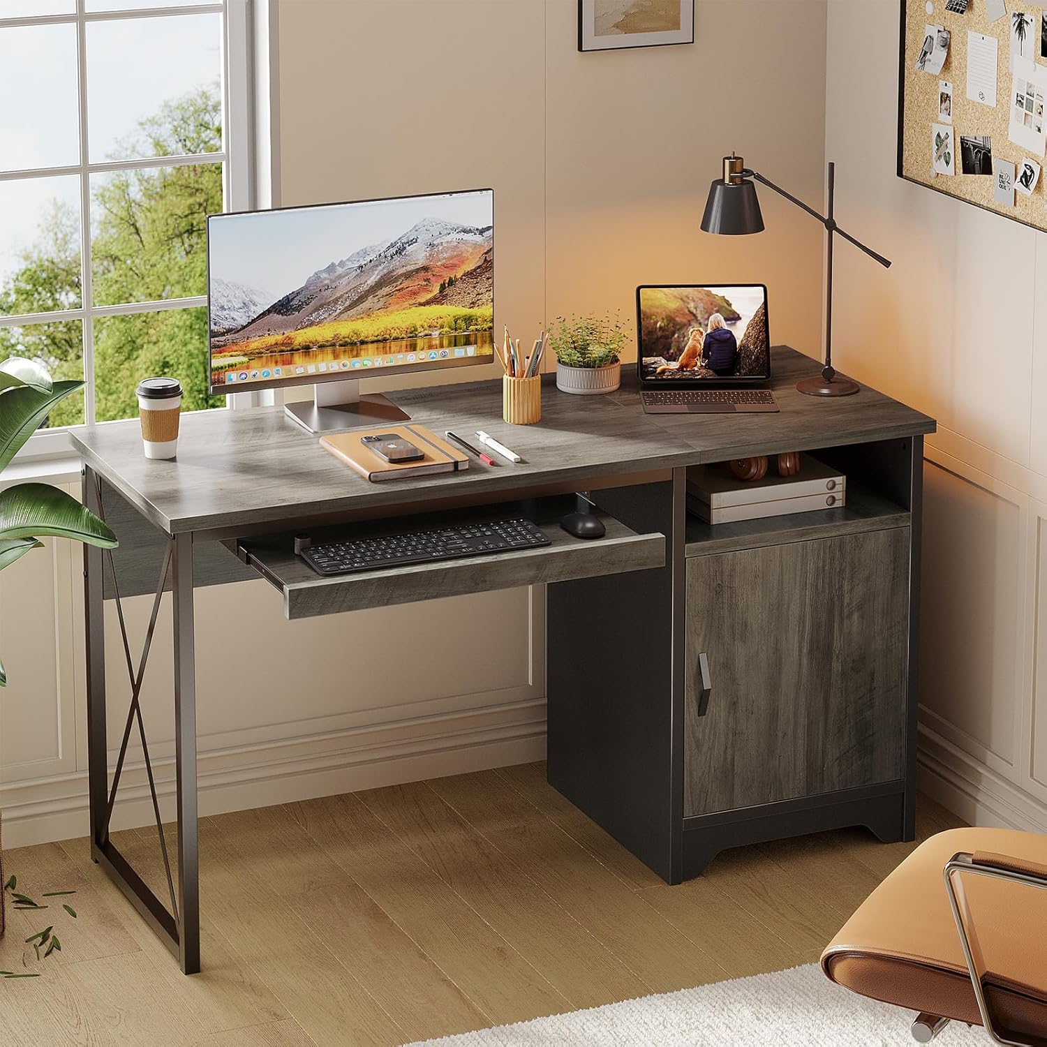 Office Desk with Keyboard Tray, Industrial Computer Desk with Storage, Reversible Executive Desk with File Cabinet