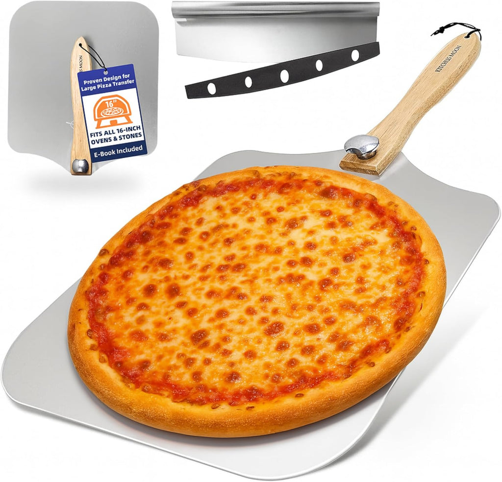 Large Pizza Peel 16 inch - Extra Large Metal Pizza Peel with 14 inch Stainless Steel Pizza Cutter Rocker, Pizza
