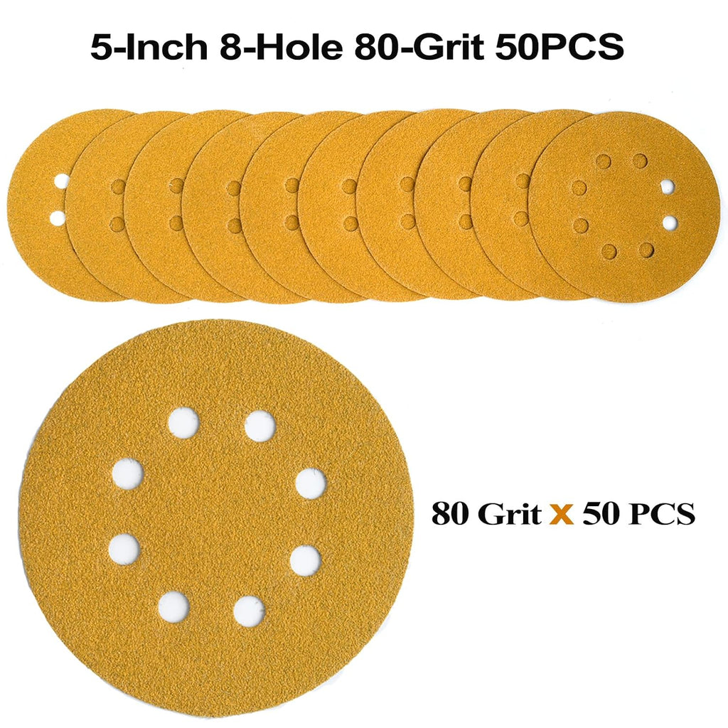 5-Inch 8-Hole Hook and Loop Sanding Discs 80-Grit, 50-Pack
