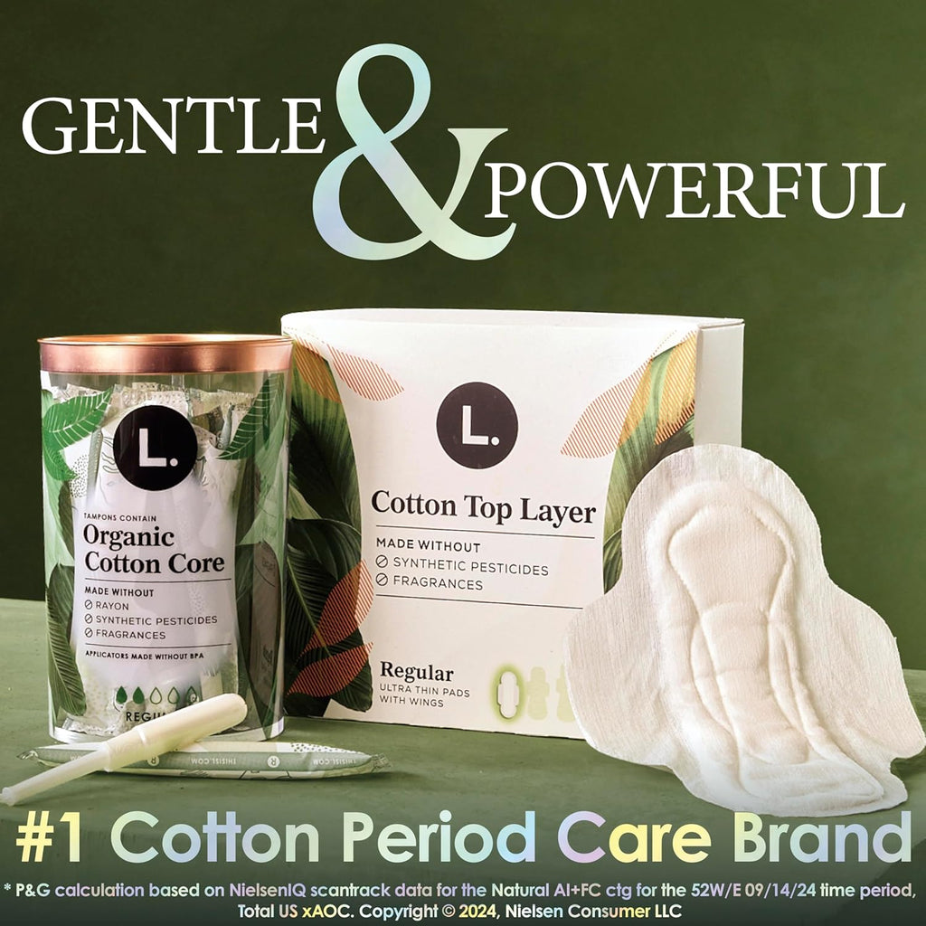 L. Ultra Thin Pads for Women, Organic Cotton Top Layer, Super Absorbency, Menstrual Pads with Wings, Made Without