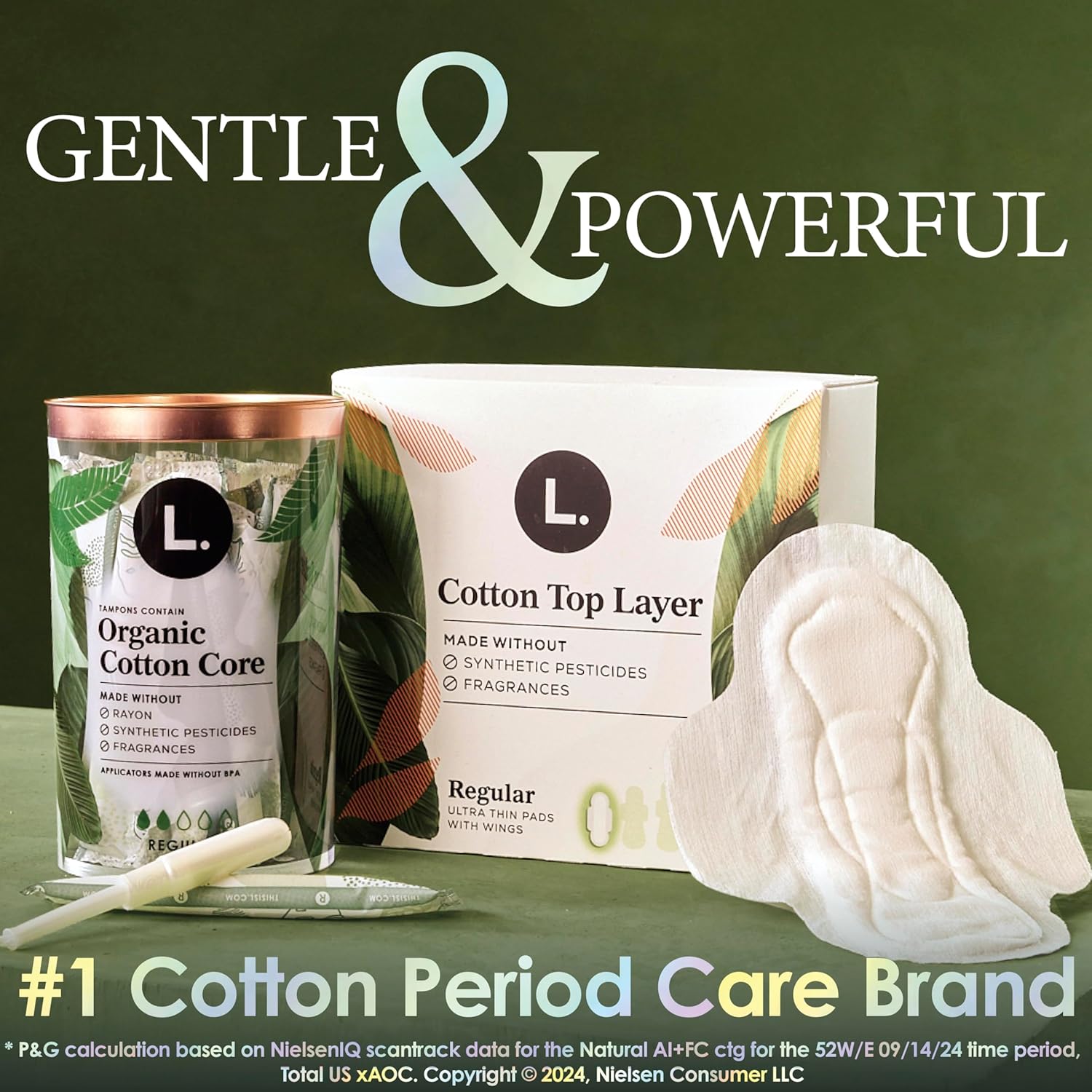 L. Ultra Thin Pads for Women, Organic Cotton Top Layer, Super Absorbency, Menstrual Pads with Wings, Made Without
