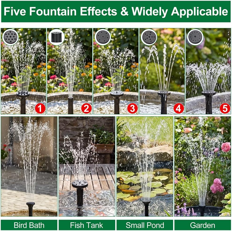 2.5W Solar Water Pump Kit Protective Shell Solar Panel Solar Fountain Pump 5 Nozzles for Outdoor Water Features Bird
