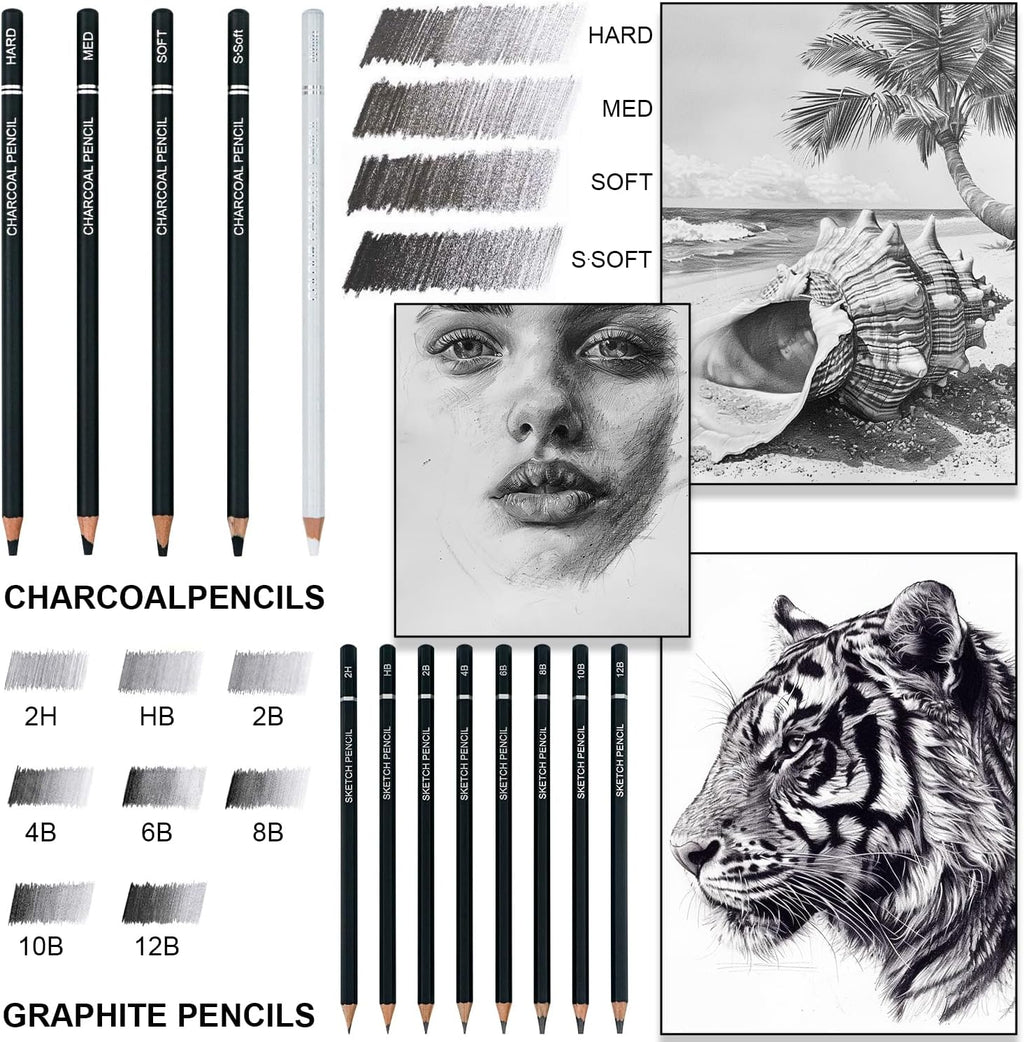 Charcoal Pencils for Drawing, Set of 22, Professional Drawing Sketch Pencils, Charcoal Art Supplies for Sketching