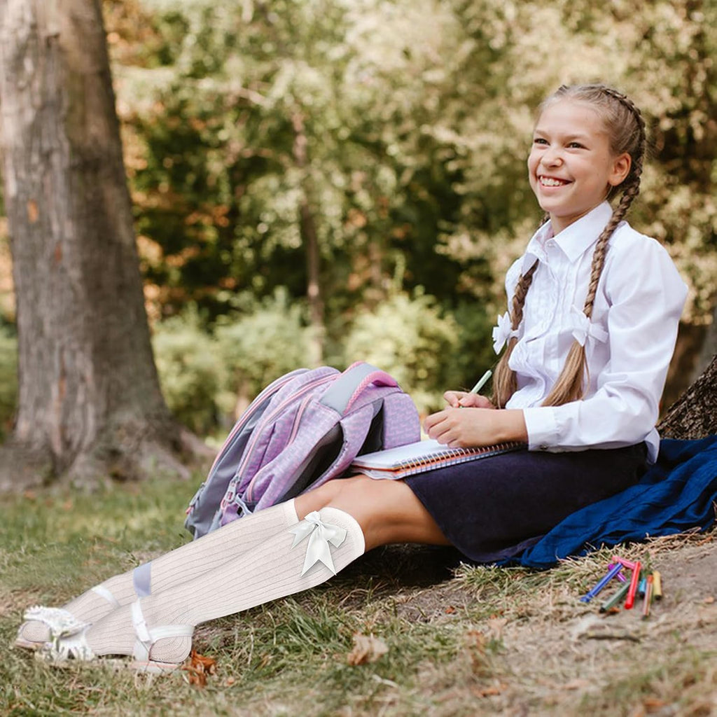 Girls Socks, 2 Pairs Girls Knee High Socks with Bows 4-12 Years | Soft Cotton, School Uniform Long Socks, Breathable
