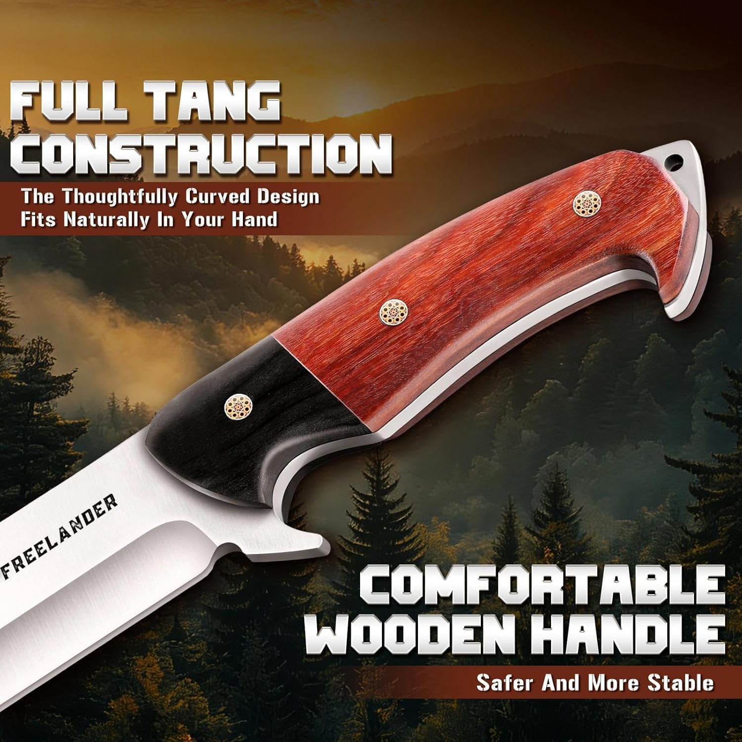 Hunting Knife with Leather Sheath, Full Tang Fixed Blade Knife | Survival Knife with Wood Handle for Outdoor
