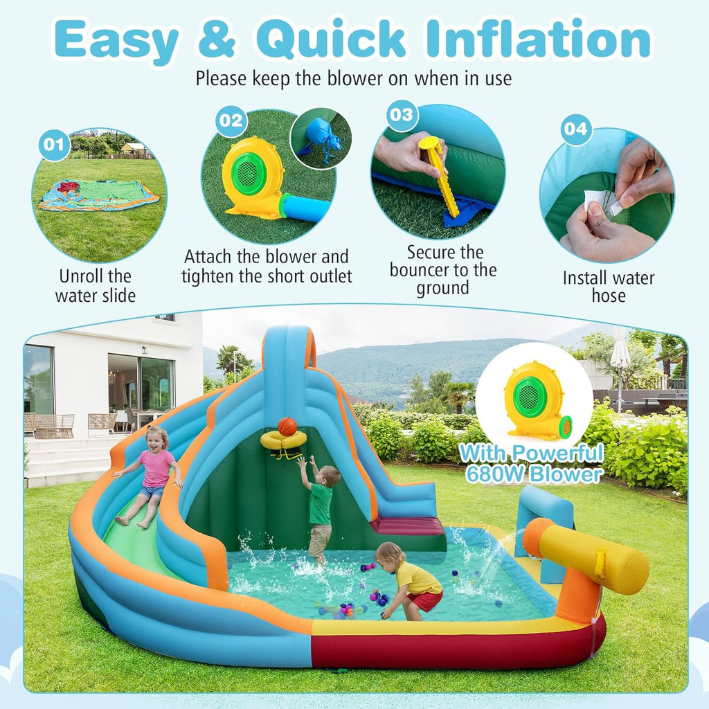 Inflatable Water Slide for Kids, 6 in 1 Kids Water Park for Backyard w/680w Blower, Long Slide, Splash Pool, Soccer