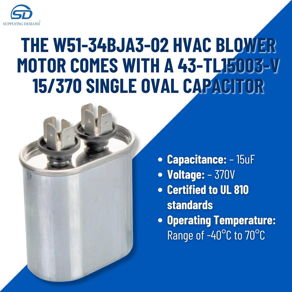 W51-34BJA3-02 HVAC Blower Motor with 15/370 Single Oval Capacitor 3/4 HP 1 Phase 3 Speed 208/230V 1075 RPM