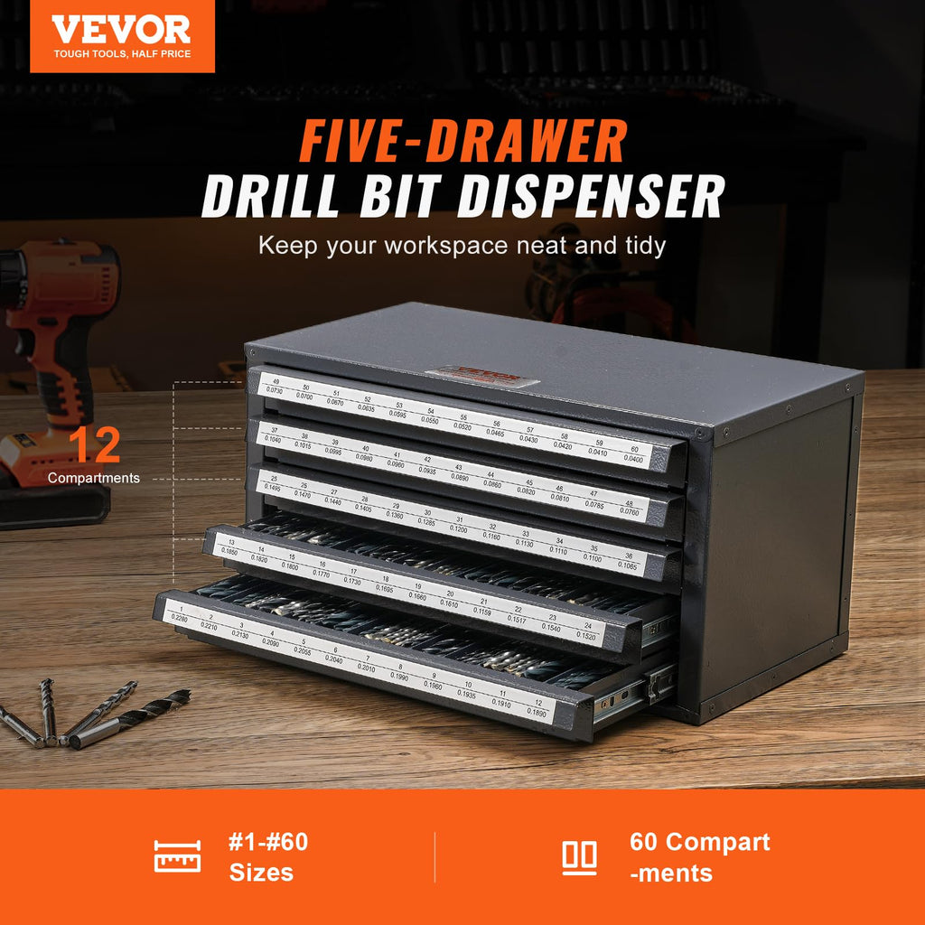 Drill Bit Dispenser Cabinet, Five-Drawer Drill Bit Dispenser, 60-Compartment Drill Bit Organizer Cabinet, Drill