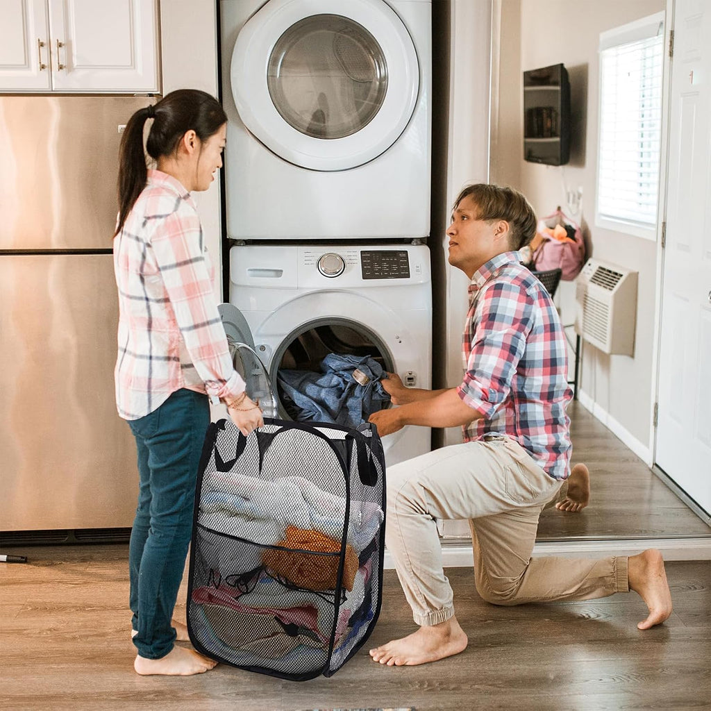 Collapsible Pop Up Laundry Hamper, Extra Large Mesh Foldable Laundry Basket, 28" x 16" x 16", 2 Pack (Black + Grey)
