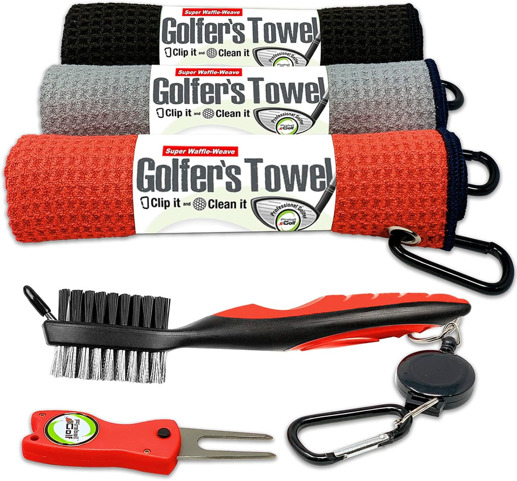 Towel Gifts and Accessories Set (Many Colors) - 3 Golf Towels, Golf Divot Tool, Ball Marker, and Golf Cleaning Brush