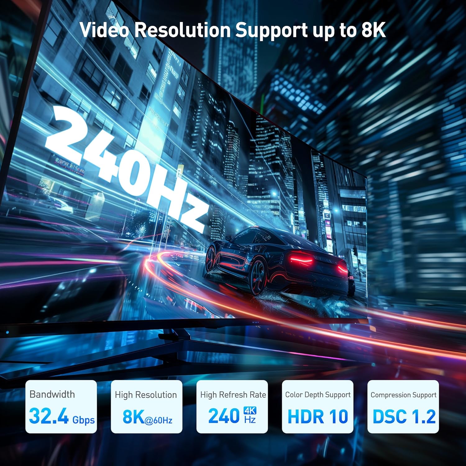 4K@240Hz Right Angle DisplayPort 1.4 Adapter, 90 Degree | 8K@60Hz, 8K DisplayPort Adapter, Black, 32.4Gbps