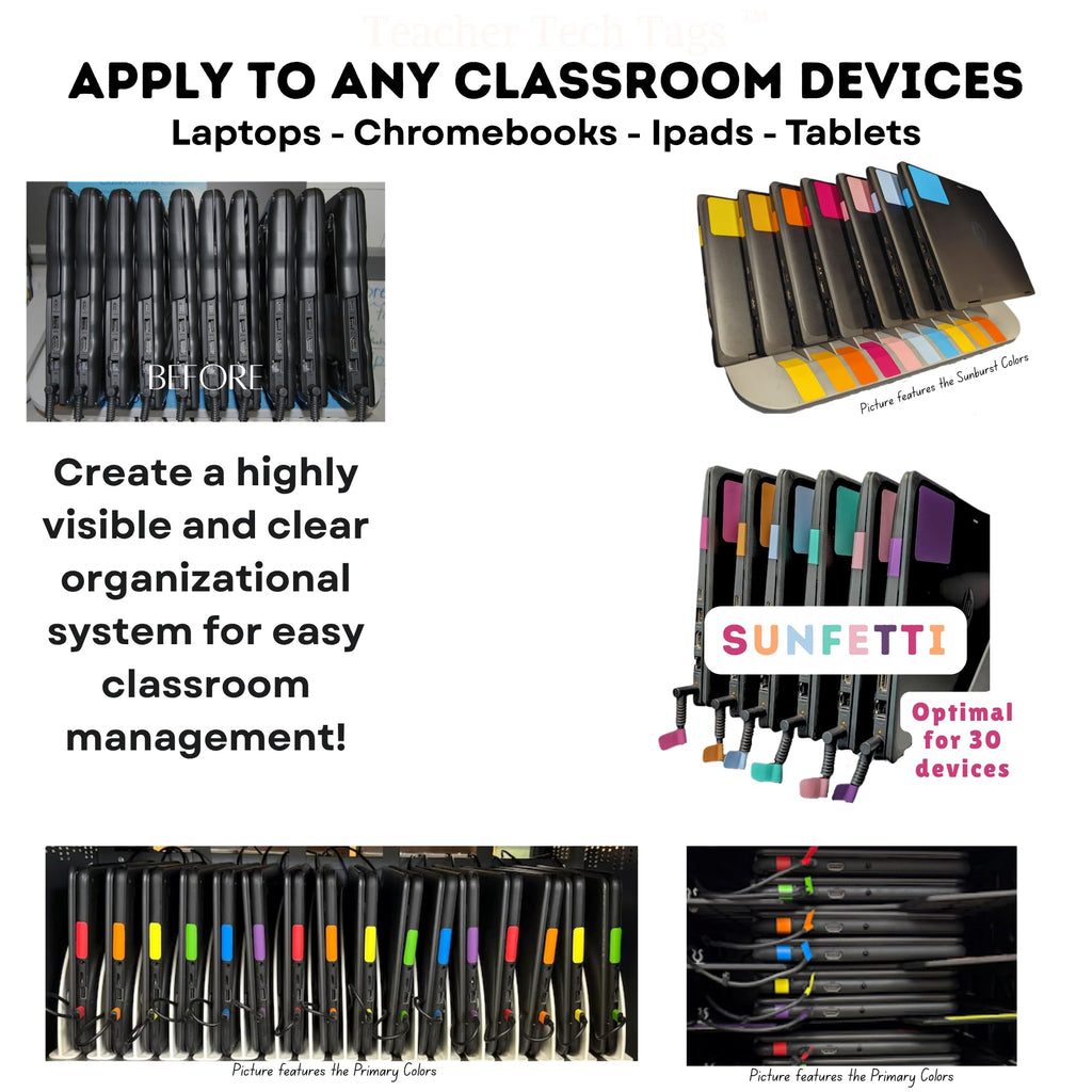 Classroom Color Coded Chromebook Laptop Labels for Student Classroom Devices (Sunfetti, Qty for 30)