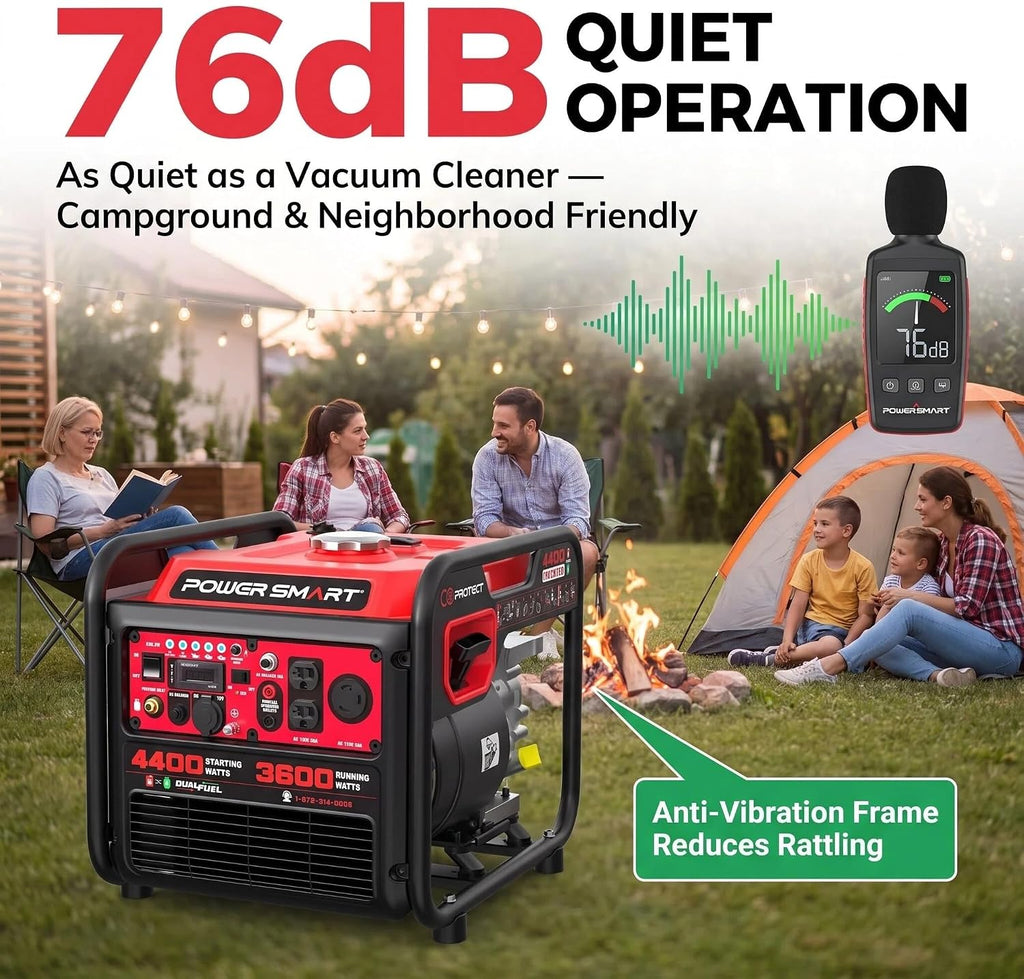 4400W Dual Fuel Inverter Generator, Gas and Propane Portable Generator with 223cc Engine, 30A RV Ready, Auto Switch