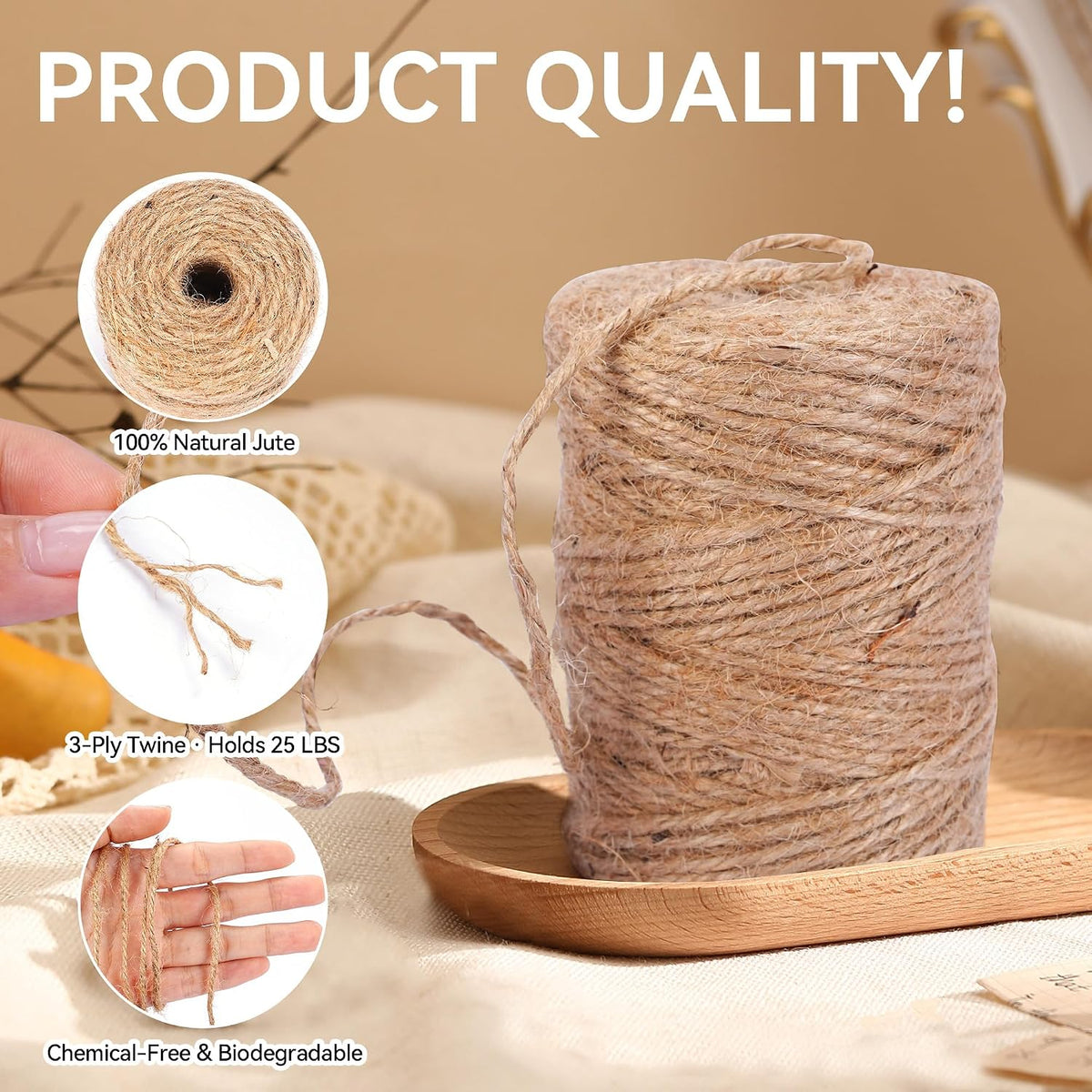 2.5mm Natural Jute Twine, 1000FT Bulk Garden Rope for Crafts
