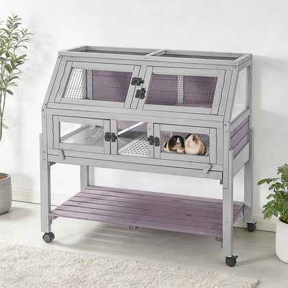 Large Guinea Pig Cages Indoor with Wheels, Wooden Rabbit Hutch with Plastic Floor and Zinc Cool Plate, Anti-Chewing